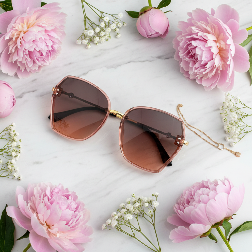 Luxury Square Gradient Sunglasses lifestyle flat lay marble